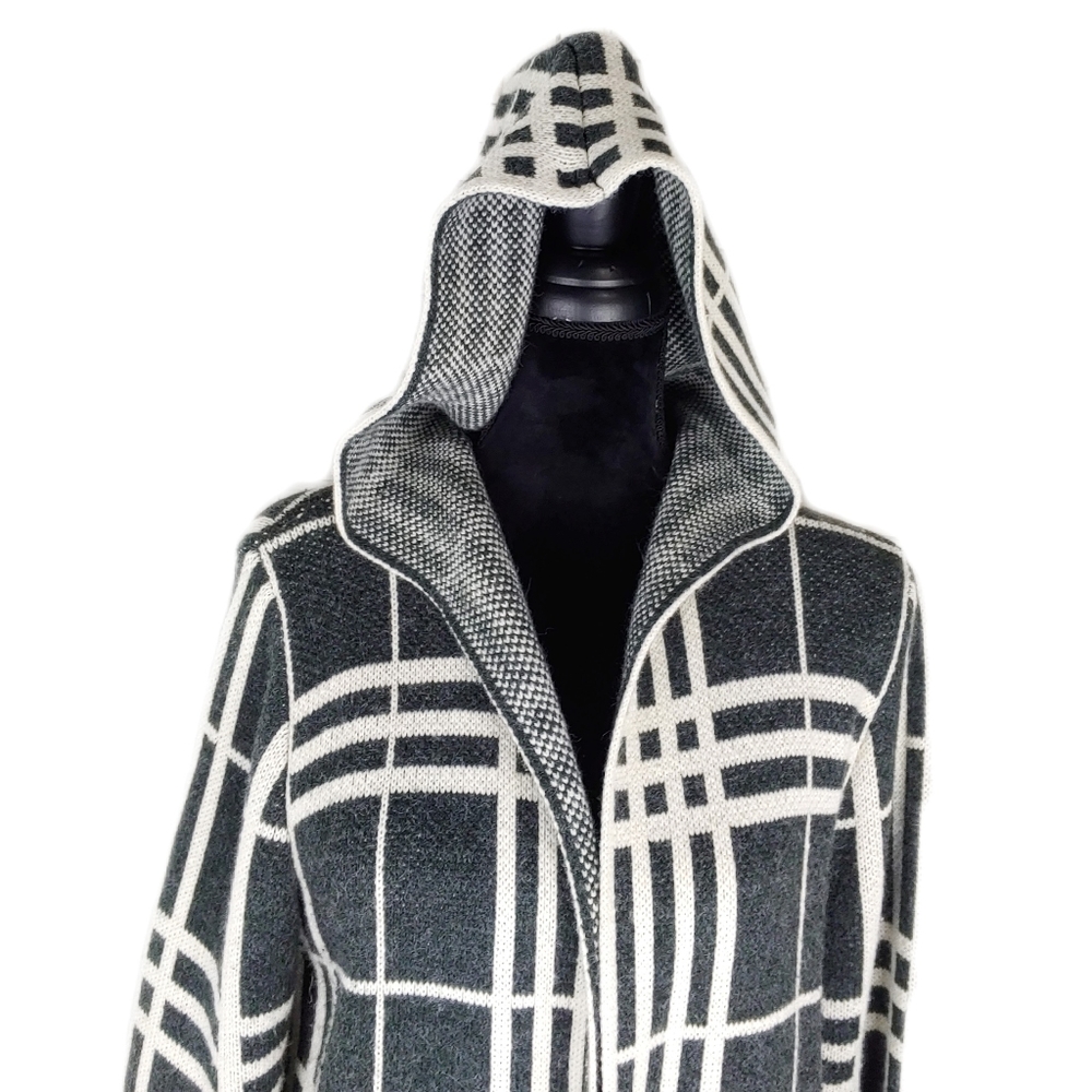 Heathmoor Womens Gray & Cream Glen Plaid Hooded Open Long Cardigan Coat Size S - Picture 6 of 10